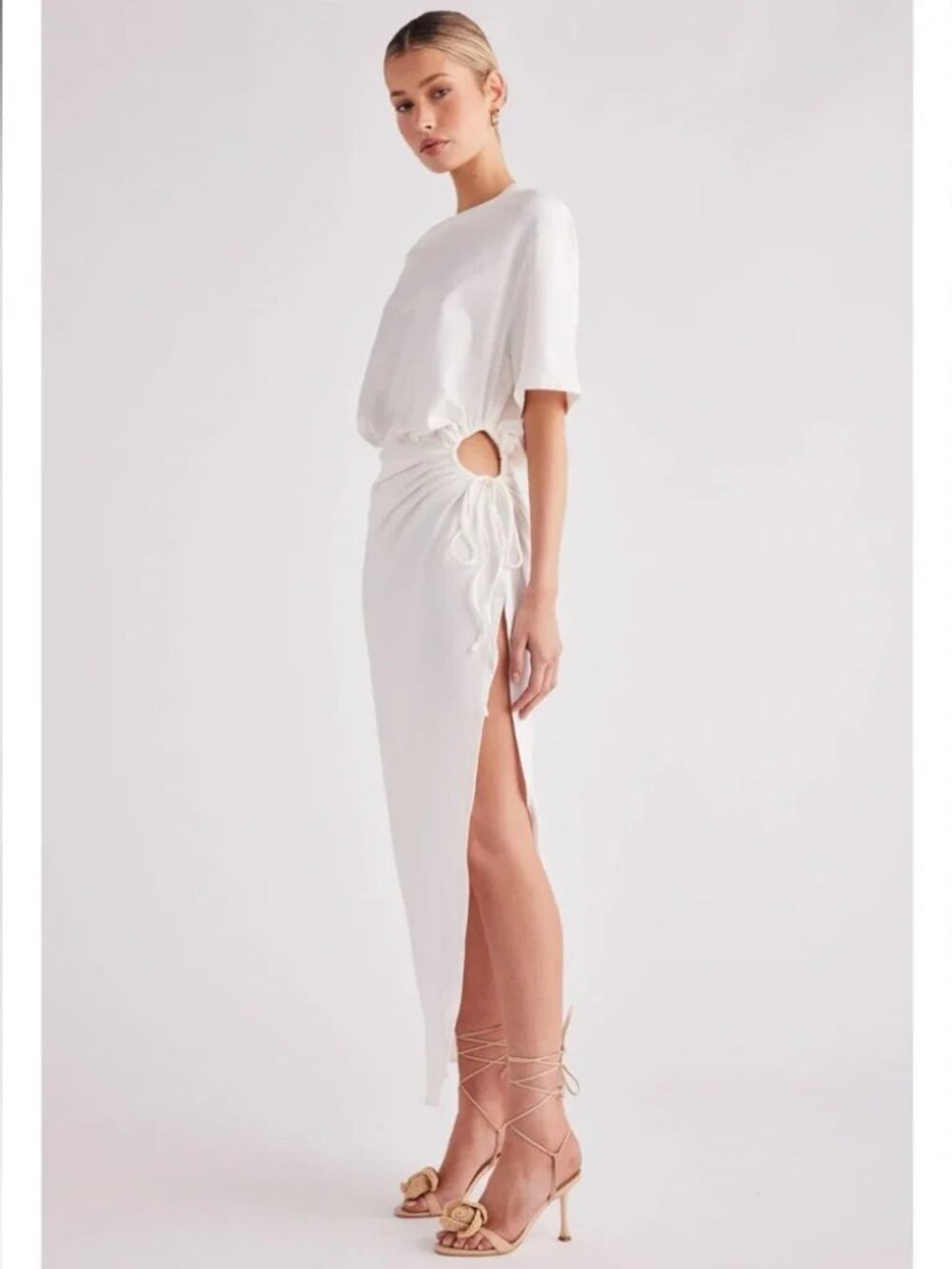 SNDYS. Lola Maxi Dress Womens Large White Ruched T Shirt Short Sleeve Casual